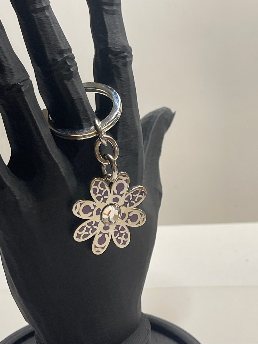 Coach Flower Charm Keyring with Purple Enamel, Crystal, and Coach Pen - Picture 6 of 6